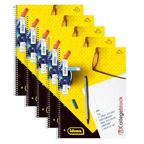 Idena 90367-5 Stück Collegeblock A4 mit 80 Blatt kariert und Doppelrand, Block mit Spiralbindung, 70g/m² Papier 4-fach gelocht und perforiert