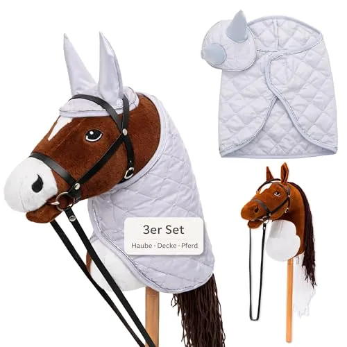 Hoofly® Hobby Horse Set – Großes Steckenpferd für Kinder mit Decke & Fliegenhaube - KOMPLETTES SET FÜR HOBBY HORSING: Inklusive Steckenpferd, Trense, Decke und Fliegenhaube. Ideal für Rollenspiele und Turniere. Hochwertige Verarbeitung und abnehmbarer Holzstab für flexiblen Einsatz.