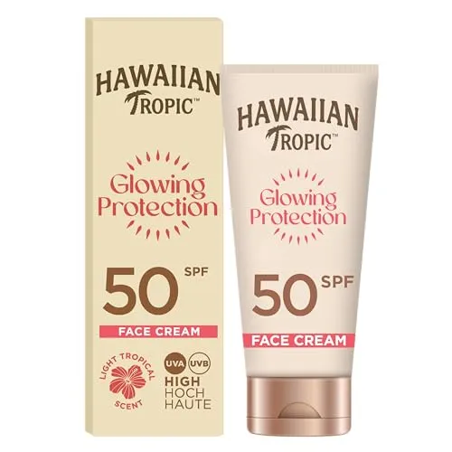 Hawaiian Tropic | Glowing Protection Gesichts-Sonnenlotion, wasserfeste Sonnencreme mit LSF 50 UVA- + UVB-Schutz, tropischer Duft, mit Sheabutter, 50ml