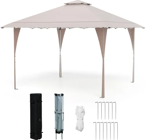 GOPLUS Pop-up Pavillon 4x4 m, höhenverstellbar Faltpavillon mit Doppeldach & Metallrahmen, wasserabweisend & sonnschutz Gartenpavillon, Khaki