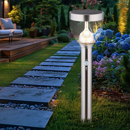 Solar Gartenleuchte mit Bewegungsmelder - 2 Stufen Erdspieß, 20x LED - Wetterfeste Solarleuchte für den Außenbereich mit IP44 Schutz. Bewegungsmelder reagiert auf bis zu 6 Meter und bietet zwei Lichtmodi für optimale Sicherheit.