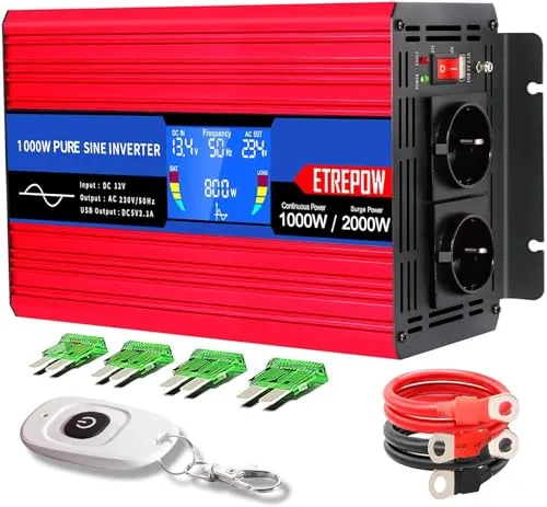 ETREPOW Wechselrichter 1000w 12v auf 230v Reiner Sinus Spannungswandler mit 2 EU-Steckdose und Einer 2,1A USB,Drahtlose Fernsteuerung,LCD Bildschirm und 2 Lüftern-Spitzenleistung 2000w Kfz Konverter