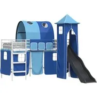 vidaXL Kinderloftbett Weiß und Blau 100 x 190 cm Metall - Modernes Hochbett mit Rutsche und Turm für kreativen Spielspaß. Stabiler Metallrahmen und stilvolle Vorhänge sorgen für Sicherheit und Privatsphäre im Kinderzimmer.