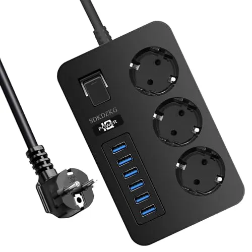SDKDZKG Steckdosenleiste 3-Fach, Mehrfachsteckdosen mit Steuerschalter (13A/3000W), Steckdosen mit 6 USB-Ladeanschluss (3,1 A/5V), Steckdosenadapter 1.8M Kabel, für Büro Hause Reisen (Schwarz)