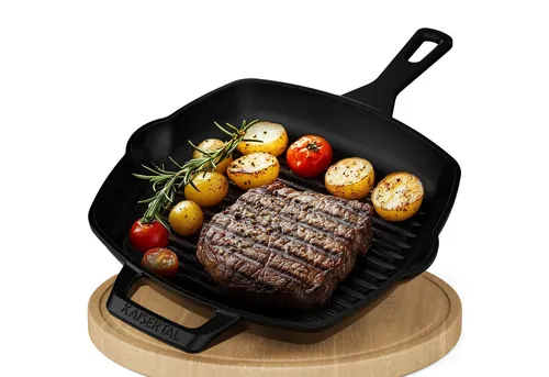 Kaisertal Grillpfanne Gusseisen - 27cm Induktionsgeeignet - Hochwertige emaillierte Gusseisen Grillpfanne mit 27cm Bratfläche, ideal für Induktion. Inklusive Rezeptbuch für kreative Grillgerichte.
