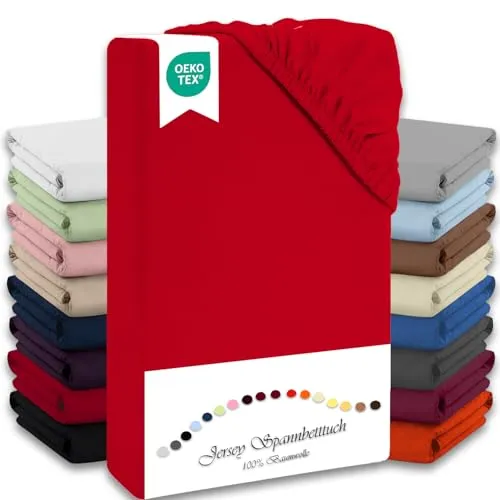 Produktbild Julido Spannbettlaken 100x200 cm (Rot) – Jersey Betttuch aus 100% Baumwolle, Oeko-Tex Standard 100, Hautfreundlich, Atmungsaktiv & Für Allergiker Geeignet, Matratzenhöhe bis 30 cm
