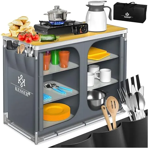 KESSER® Campingschrank - Aluminium Campingküche mit Tragetasche - Praktische Campingküche für Outdoor-Aktivitäten, schnell auf- und abgebaut. Ultraleicht und platzsparend, ideal für Garten oder Zuhause.