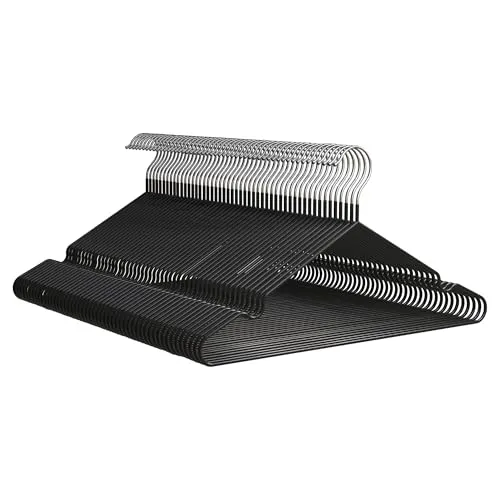 PORTENTUM Kleiderbügel Metall, 50 Stück, Schwarz - Gummibeschichtet rutschfest, Platzsparend, Stabil für schwere Kleidung, Kerben für Kleider, für alle Arten von Kleidung und Hosen