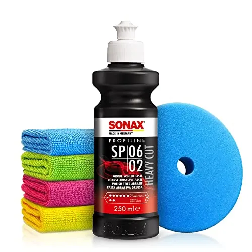 Autopolitur Set: Sonax Profiline SP 06-02 Schleifpolitur (250ml) Silikonfreie Schleifpaste - Ideal für stark verwitterte & verkratze Lacke - Low-Dust Technologie - Auto polieren, Heavy Cut | 6-teilig