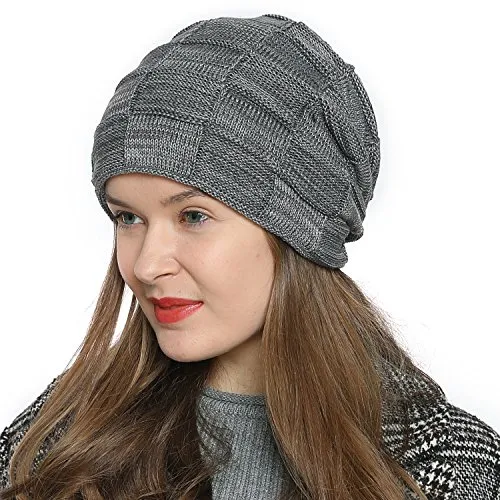 DonDon Mütze Damen Wintermütze Slouch Beanie Strickmütze mit warmen Fleece Innenfutter grau weiß
