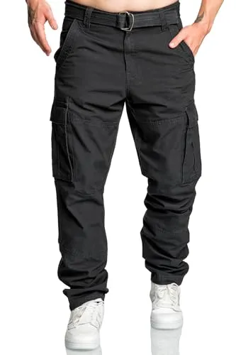 REPUBLIX Herren Cargohose Loosefit Jogger Chino Hose Inkl. Gürtel R7028 Schwarz W36