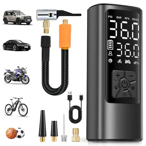 HOVVIDA Elektrische Luftpumpe, 10,3 bar (150 PSI) Digitale Akku-Luftpumpe mit Druckvoreinstellung & Auto-Abschaltung, Wiederaufladbar, Tragbar für Auto, Fahrrad, Motorrad, Bälle