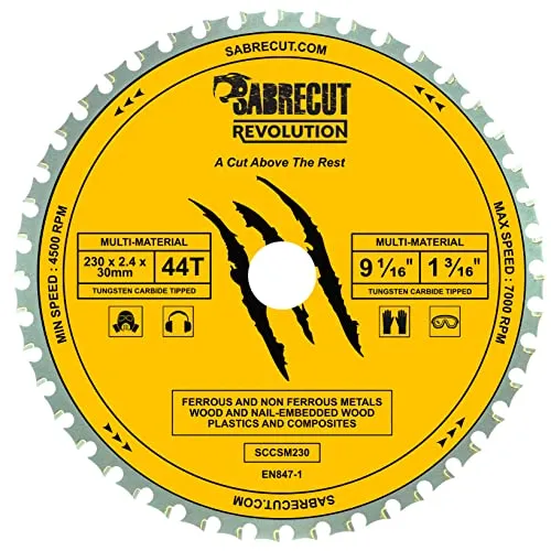 SabreCut SCCSM230_44 230mm 44T x 30mm 25,4mm 20mm 16mm Bohrung Multi-Material Metall Holz Kunststoff Kreissägeblatt kompatibel mit Bosch Dewalt Makita Milwaukee und vielen anderen 1 x