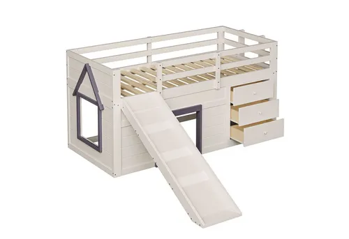 SOFTWEARY Hochbett mit Rutsche (90x200 cm, mit Lattenrost, Schubladen, Leiter und Türen) Kinderbett mit Rausfallschutz, Spielbett, Kiefer
