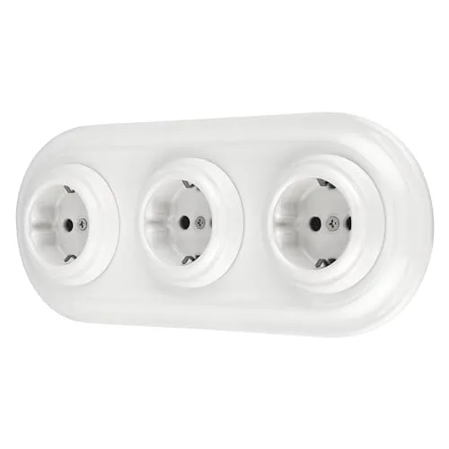 Unterputz Porzellan Retro Steckdose 3-fach - SET Serie PR1 in Weiß - Schutzkontaktsteckdosen mit hochwertigem Porzellan-Rahmen und Abdeckung in Weiß. Ideal für stilvolle Innenräume, bietet hohe Härte und feine Glasur für Langlebigkeit.