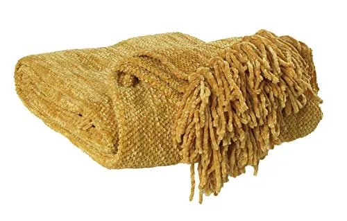 Wohndecke Goldfarben 130 x 180 cm mit Fransen von Home4You - Wohndecke in elegantem Goldton, kuschelig weich und pflegeleicht – ideal für gemütliche Stunden auf Sofa oder Bett.