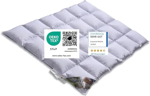 Vitaschlaf Wild Moscovy W4 - MEDIUM Bettdecke - Ganzjahresdecke (155 x 220 cm) mit 90% Premium Moscovy-Daunen, ideal für Allergiker. Pflegeleicht, waschbar bei 60 °C und in Deutschland hergestellt. Hochwertige Komfort durch optimale Atmungsaktivität.