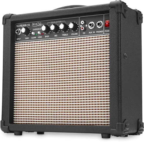 Rocktile Scream 15 Gitarrenverstärker Mini Combo Amp - Kompakter 15 Watt Gitarrencombo mit 2 Kanälen und 3-Band Equalizer, ideal für Zuhause oder unterwegs. AUX-In für MP3/CD und Kopfhöreranschluss für ungestörtes Spielen.