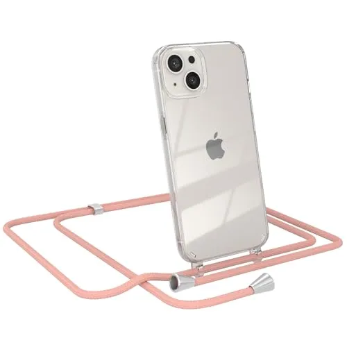 EAZY CASE Handykette kompatibel mit iPhone 13 Handyhülle mit Umhängeband, Handykordel mit Schutzhülle, Silikonhülle, Hülle mit Band, Stylische Kette für Smartphones, Alt Rosa - Clips Silber