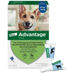 Advantage 400 Hunde ab 25 Kg - 4 Stück - Zeckenmittel & Flohmittel für Haustiere, effektive Lösung gegen Parasiten, rezeptfrei erhältlich von Elanco Deutschland GmbH.