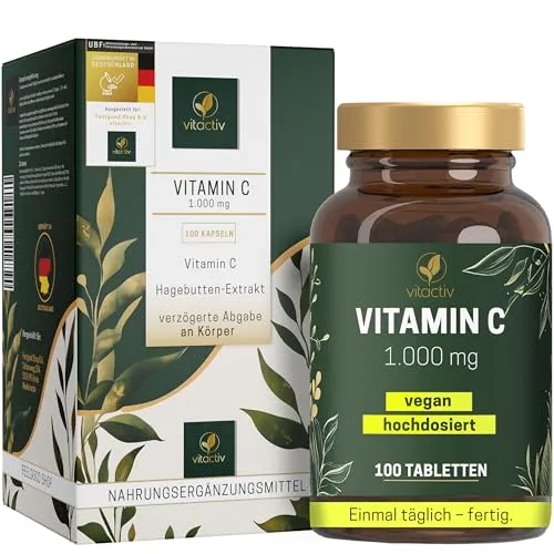 VITACTIV Vitamin C TIME RELEASED - Vitamin C Hochdosiert plus Natürliches Hagebutten Extrakt - Vegan, Zuckerfrei, Hohe Bioverfügbarkeit - Laborgeprüft in Deutschland, 100 Vitamin C Tabletten