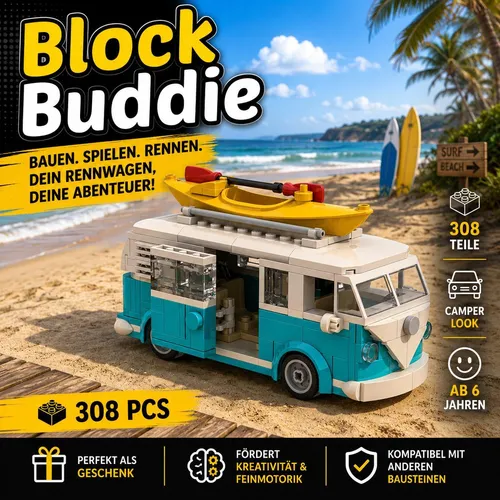 BlockBuddie™ Bully T1 Camper Wohnwagen inspiriertes Klemmbaustein Auto mit 308 Teilen – Sportwagen Modellbausatz