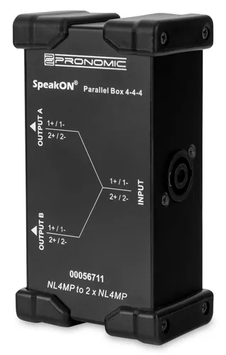 Pronomic Speakon Parallel Box 4-4-4 - DI Box für Speakon-Kabel, teilt 2- und 4-polige Signale auf, ausgestattet mit Original Neutrik-Buchsen und robustem Stahlgehäuse für hohe Langlebigkeit.