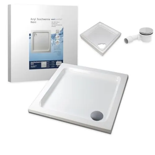 sanicomfort Duschwannen-Set Basic 90 x 90 x 6 cm - Flache Acryl-Duschtasse inkl. Styropor-Wannenträger & Ablaufgarnitur, Weiß, Komplett-Set für bodengleichen Einbau