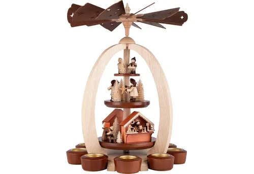 Erzgebirge Palast 3-stöckige Pyramide - Exklusiv - 44 cm - Weihnachtlicher Zierschmuck, 100% Original Erzgebirge, handgefertigte Pyramide mit detaillierten Holzfiguren und Motivflügelrädern, ideal für festliche Dekoration.