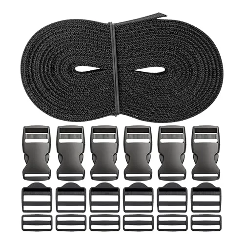 Gurtband Set mit 18 Schnallen, 6 Meter Länge, 15 mm Breite, in Schwarz, Gurt Band aus PET Material, Gurt Riemen Set mit je 6 x 15 mm Steckschnalle, Leiterschnalle, Stegschnalle, Taschengurt DIY Kit