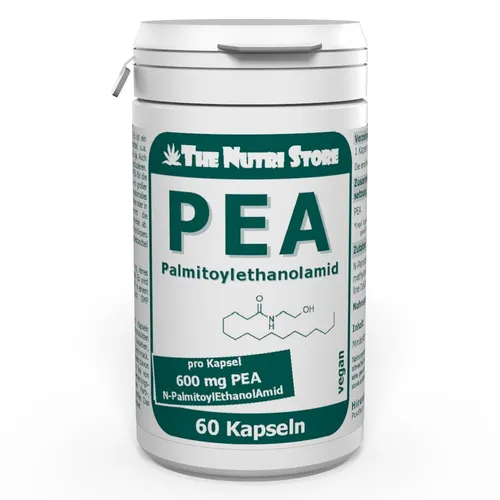 PEA N-Palmitoyletanolamid 600 mg vegane Kapseln - 60 Stk. - Nahrungsergänzungsmittel für allgemeines Wohlbefinden, vegan und in Deutschland hergestellt. Enthält 600 mg Palmitoylethanolamid pro Kapsel.