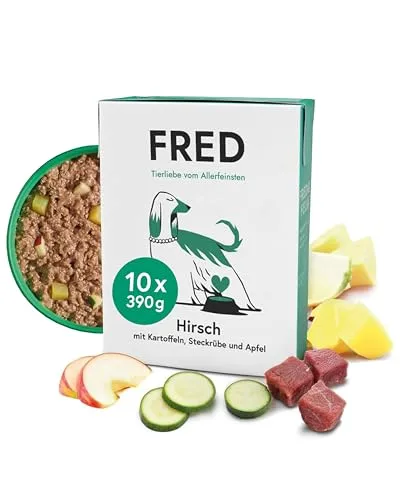 FRED Nassfutter Hund Hirsch mit Kartoffeln – Monoprotein, getreidefrei - 39 % hochwertiges Hirschfleisch in Lebensmittelqualität für sensible Hunde. Mit ballaststoffreichen Kartoffeln und gesunden Ölen für glänzendes Fell. Praktisch im Tetra Pak – ideal für Allergien und Unverträglichkeiten.