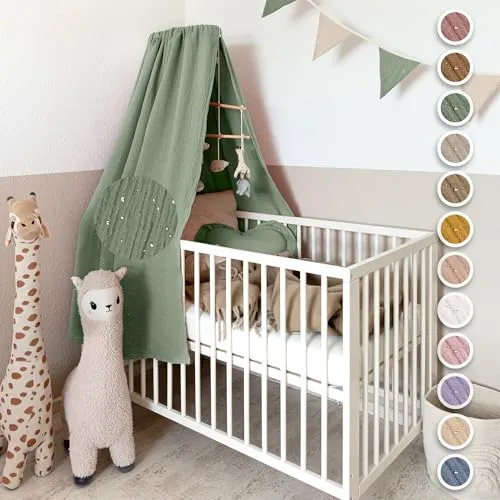 lilimaus Betthimmel Babybett mit Gold Applikation - 100% Baumwolle Musselin - Baby Betthimmel & Himmelstangen - Weich, atmungsaktiv und in 12 Farben erhältlich, sorgt er für eine kuschelige Schlafumgebung und schützt vor Zugluft.