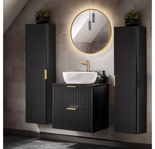Lomadox Badmöbel-Set ADELAIDE-56-BLACK - Elegantes 4-teiliges Set - Badmöbel Set in mattem Schwarz mit gerillter Front für ein modernes Badezimmer. Inklusive Softclose-System und LED-Spiegel für maximalen Komfort und Stil.