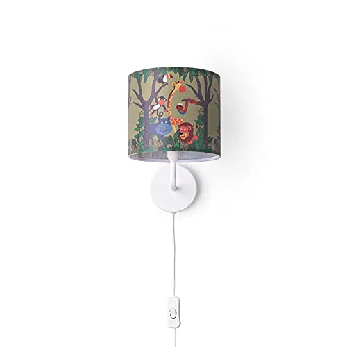 Paco Home Kinderzimmer Wandlampe Dschungel Tiere - Wandleuchte für Kinderzimmer mit hochwertigem Stoffschirm und verspieltem Dschungel-Motiv, ideal für Jungen und Mädchen, aus robustem Stahl gefertigt.