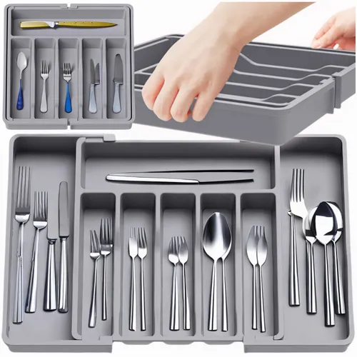 Küchenschubladen-organizer Für Besteck, Ausziehbarer Kücheneinsatz, Grau