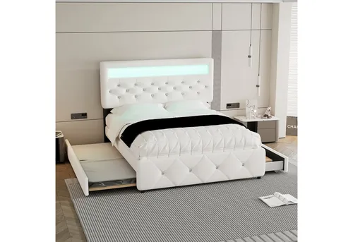OKWISH Polsterbett 140x200 cm mit Schubladen und Lichtleiste - Elegantes Polsterbett mit viel Stauraum, inklusive zwei geräumigen Schubladen und einem ausziehbaren Nachttisch. Ideal für ein harmonisches Schlafzimmer mit zusätzlichem Komfort für Übernachtungsgäste.