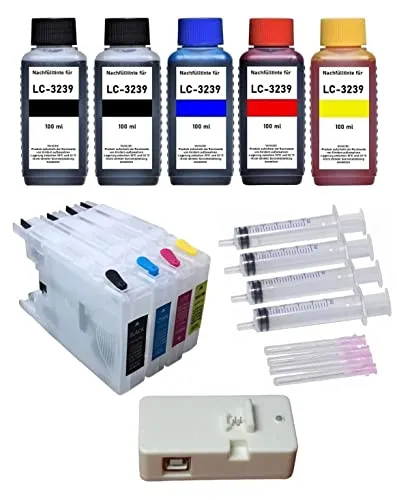 Produktbild Inkpro wiederbefüllbare Tintenpatronen kompatibel mit Brother LC-3237, LC-3239 XL Black, Cyan, Magenta, Yellow mit resetbaren Chips + Chipresetter 60 Resets + 5 x 100 ml Nachfülltinte