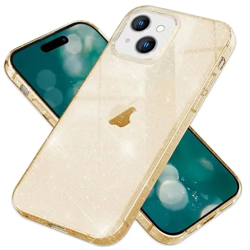 NALIA Glitzerhülle für iPhone 15 - Funkelndes Silikon Case - DAZZLIN (Transparent & Stoßfest) - Marke aus Berlin, Farbe:Gold
