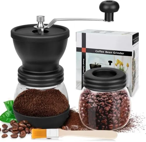 Kaffeemühle Manuell – Hand-Kaffeemühle aus Edelstahl und Glas 2er Set, mit Keramikmahlwerk, Stufenlos Verstellbar, Inklusive Reinigungsbürste, Ideal für Kaffee, Espresso, French Press & Pour Over