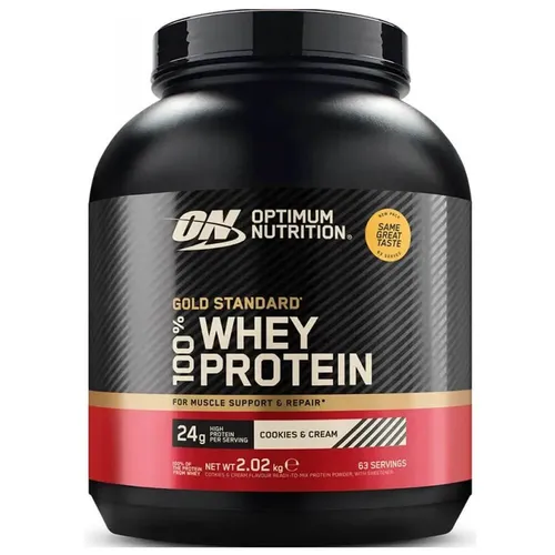 Optimum Nutrition 100% Whey Gold Standard 5 lbs - Cookies Cream - Molkenproteine mit 24g Protein pro Portion, ideal für Muskelaufbau und Regeneration, köstlicher Cookies Cream Geschmack.