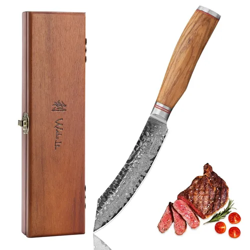 Wakoli Damast Steakmesser Serie Olive HS - Hochwertiges Steakmesser aus Damaststahl mit 12,5 cm Klinge, ergonomischem Olivenholzgriff und ideal für Fleisch- und Fischgerichte. Perfekt für anspruchsvolle Köche.