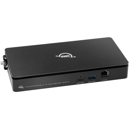 OWC Thunderbolt 5 Dual 10GbE Netzwerk Dock - Schwarzes Netzwerkdock mit 10GbE RJ-45 Ports für schnelle Datenübertragung und vielseitige Anschlussmöglichkeiten, ideal für effizientes Arbeiten mit Laptops.