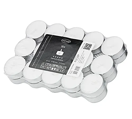 EDZARD 30 Stück Teelichter weiß, Premium Wachs, Alu-Cup, Durchmesser 39 mm, ohne Duft, Brenndauer 4 Stunden