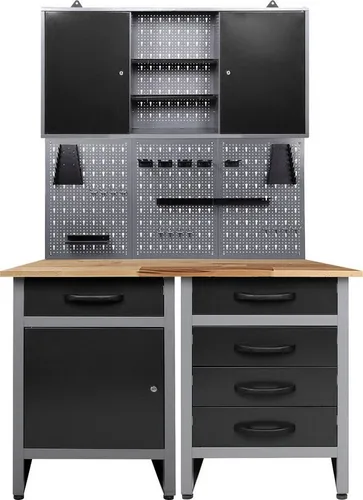 Ondis24 Werkstatt Set Entdecker 120 cm - Hobelbänke - Hochwertige Werkstatteinrichtung mit abschließbarem Schrank, stabilen Werkbänken und Lochwänden für optimale Ordnung und individuellen Platzbedarf.