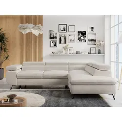 MKS MEBLE Ecksofa Sofa Beige mit Schlaffunktion - L-Form Wohnlandschaft mit verstellbaren Kopfstützen, hohem Komfort durch HR-Schaum und Bettkasten für zusätzlichen Stauraum. Ideal für gemütliche Abende und Übernachtungsgäste.