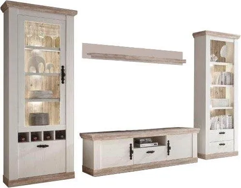 Home affaire Wohnwand Florenz 8 - 4-teilig im romantischen Landhauslook - Wohnwände im romantischen Landhauslook mit viel Stauraum. Die 4-tlg. Kombination aus Vitrine, Lowboard, Wandregal und Standregal überzeugt durch hochwertige Verarbeitung und geschmackvolle Optik.