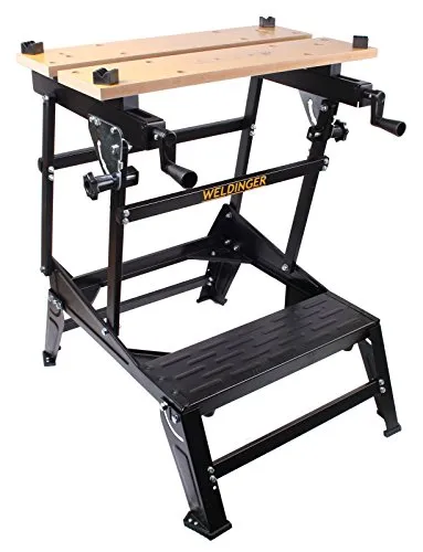 WELDINGER Werkbank 6-fach verstellbar - Ständer mit klappbarer Werkbank, 6-fach höhenverstellbar von 210-770 mm, bis 100 kg belastbar und ideal zum Ein- und Flachspannen von Bauteilen. Strapazierfähige Bambus-Arbeitsfläche mit praktischer Maßeinteilung.
