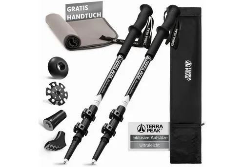 Terra Peak Wanderstöcke Explorer Pro 135 - Ergonomische Teleskopstöcke inkl. Mikrofaserhandtuch - Wanderstöcke aus leichtem Aluminium, verstellbar von 110 bis 135 cm, mit ergonomischen Griffen und 4 Aufsätzen für Stabilität auf jedem Untergrund. Ideal für Trekking und Outdoor-Abenteuer.