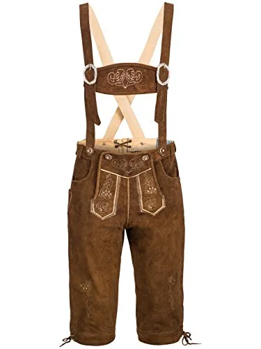 Herren Trachten Lederhose mit Träger Kniebund Trachtenlederhose Oktoberfest Tracht Hose Dunkelbraun Gr. 46-60 SK3 (56)